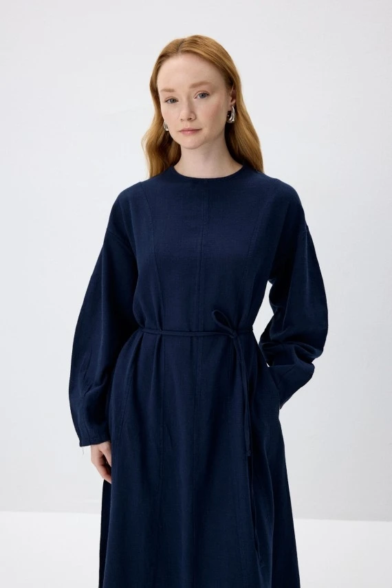 Navy Blue Natural Textured Cotton Dress - 6