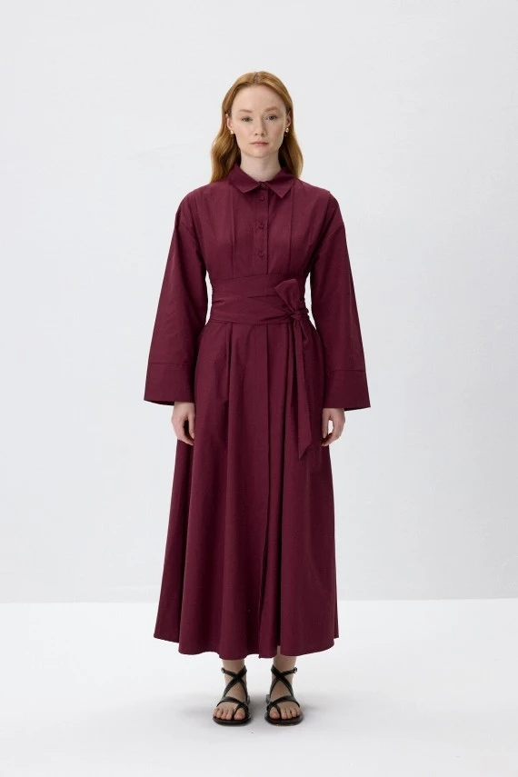 Burgundy Belted Shirt Dress - 1