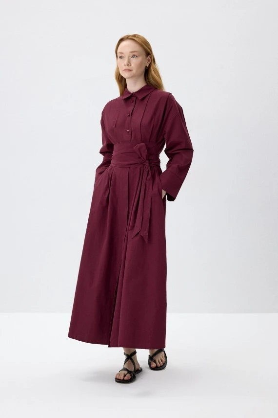 Burgundy Belted Shirt Dress - 3