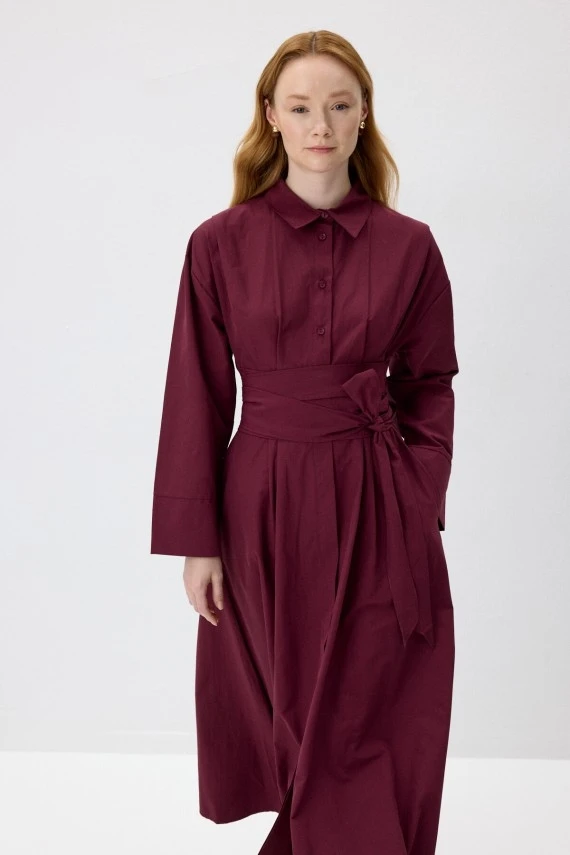 Burgundy Belted Shirt Dress - 4