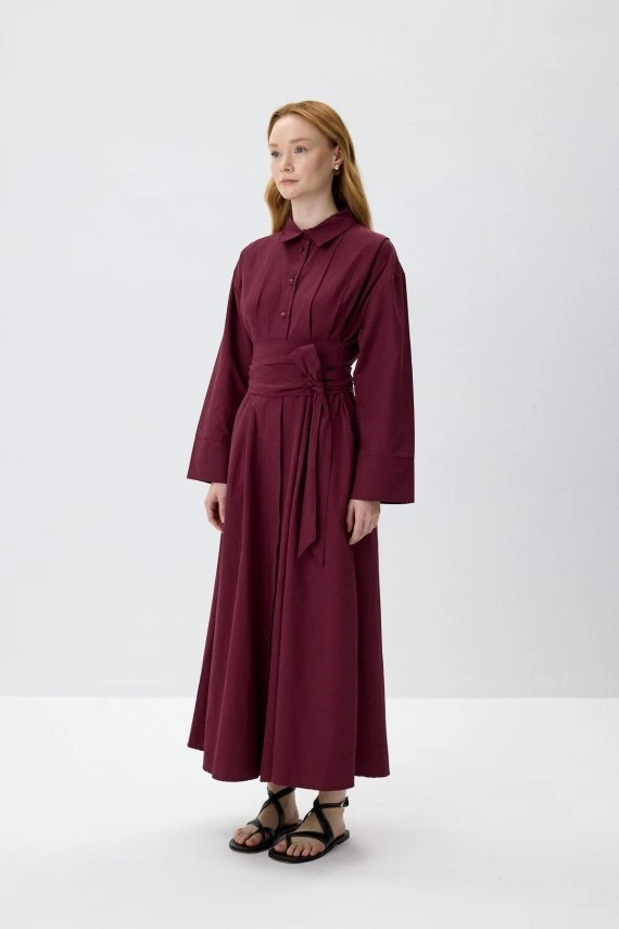 Burgundy Belted Shirt Dress - 5