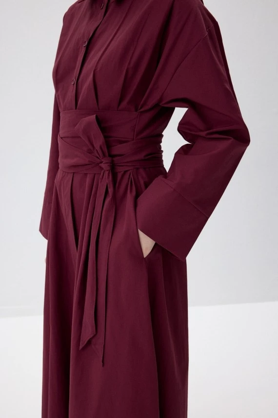 Burgundy Belted Shirt Dress - 6