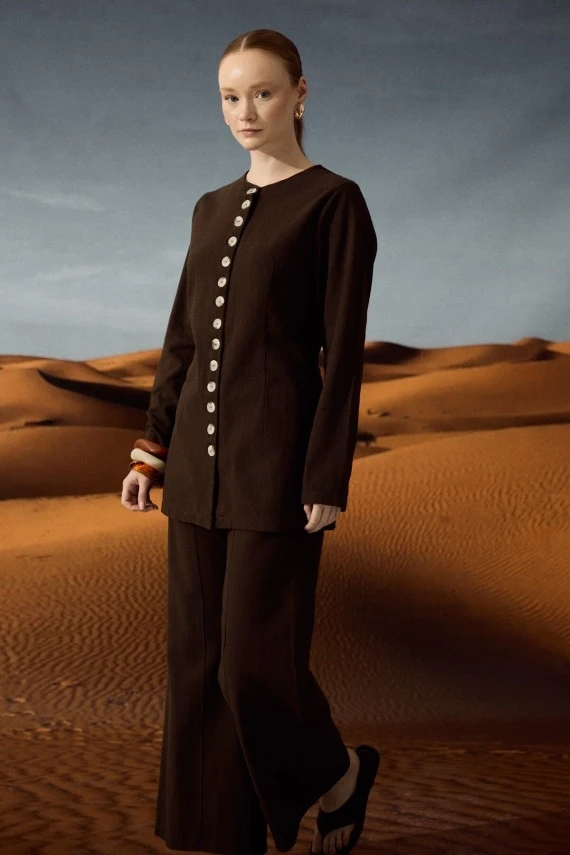 Dark Brown Natural Shirt with Adjustable Waist - 5