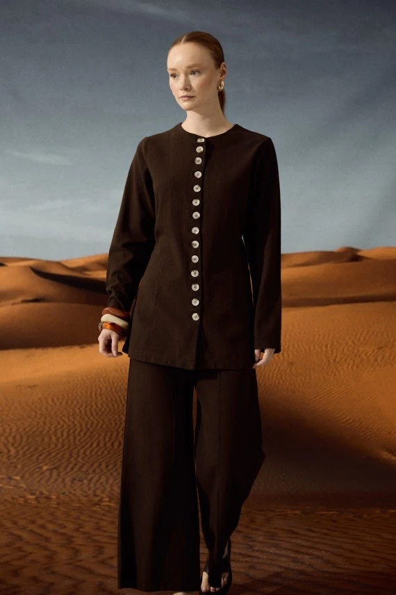 Dark Brown Natural Shirt with Adjustable Waist - 2