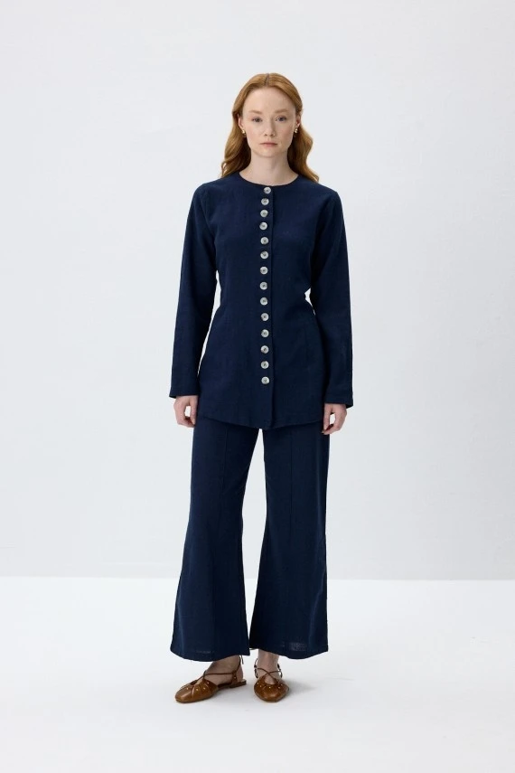 Navy Blue Natural Shirt with Adjustable Waist - 2