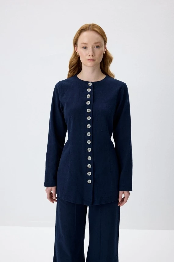 Navy Blue Natural Shirt with Adjustable Waist - 1