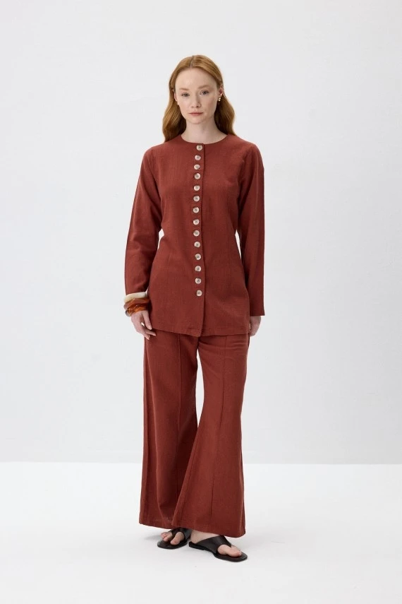 Terracota Natural Textured Pintuck Trousers - 2