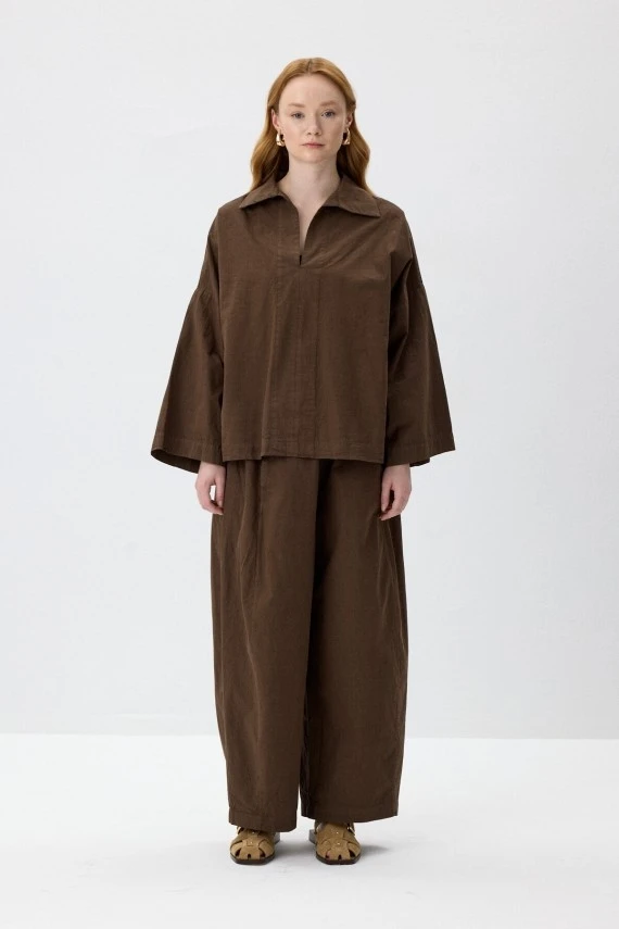 Kahve Oversize Rahat Kesim Pantolonlu Takım - 2