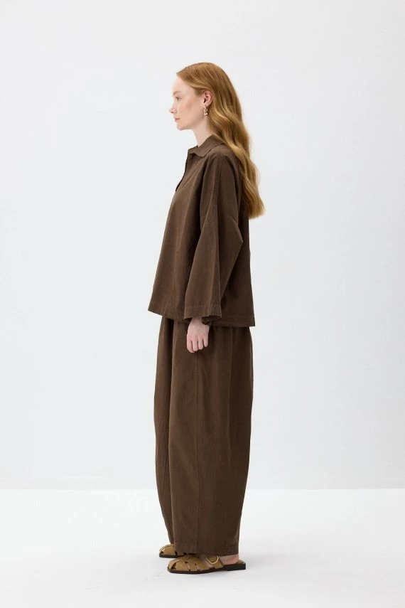 Kahve Oversize Rahat Kesim Pantolonlu Takım - 5