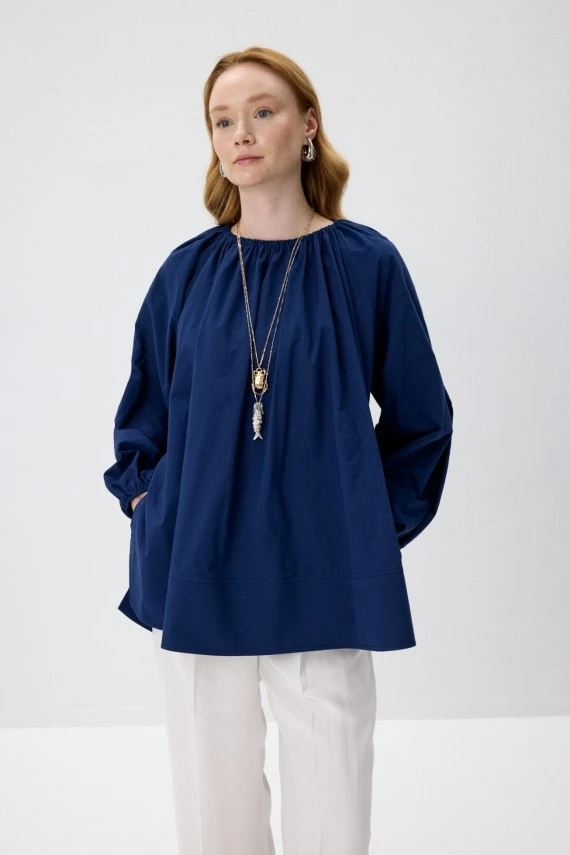 Lacivert Volanlı Poplin Bluz - 2