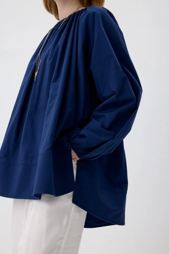 Lacivert Volanlı Poplin Bluz - 3