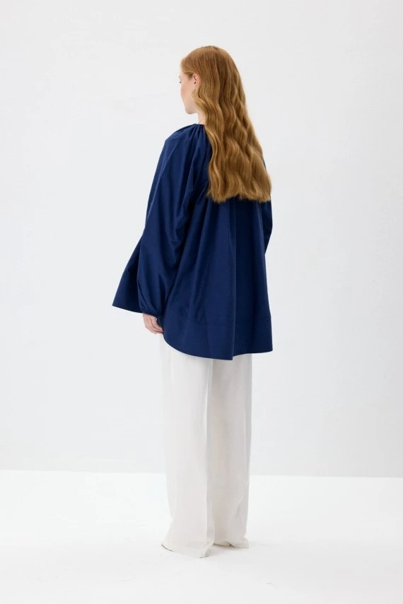 Lacivert Volanlı Poplin Bluz - 5