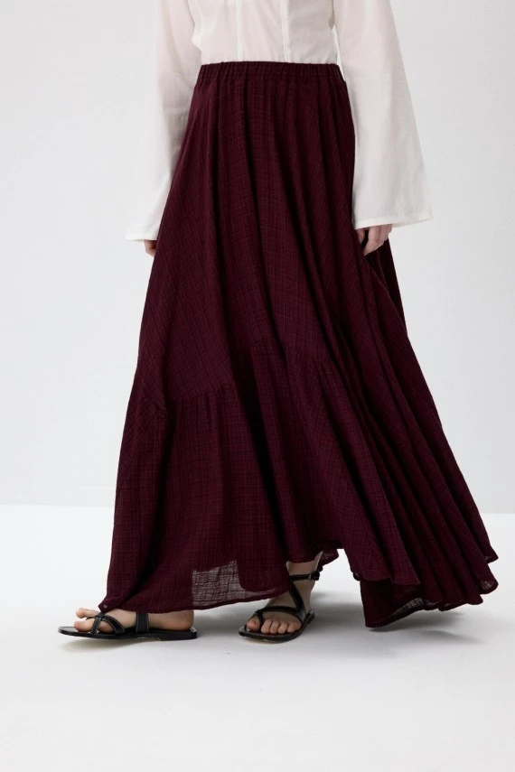 Bordo Büzgülü Maxi Etek - 5