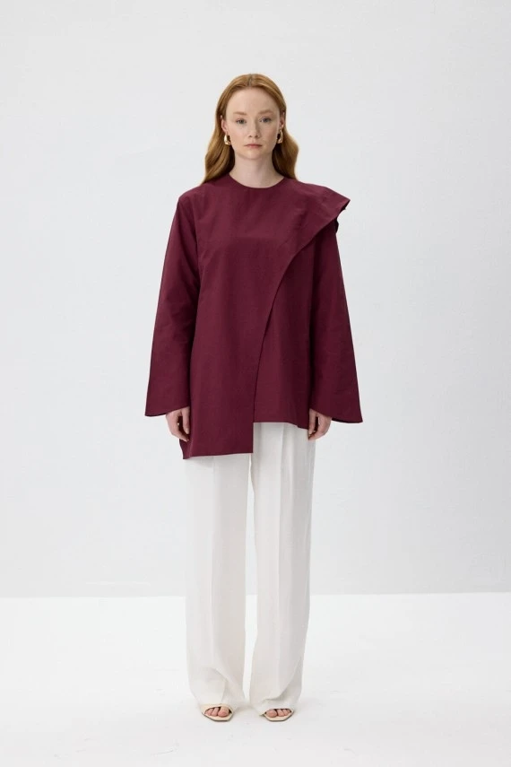 Burgundy Scarf Detailed Poplin Blouse - 6