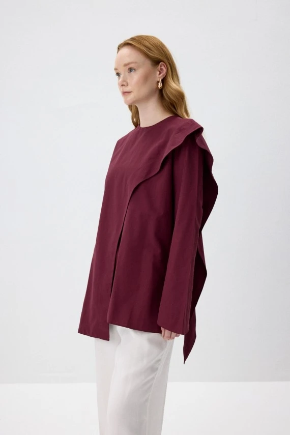 Burgundy Scarf Detailed Poplin Blouse - 7