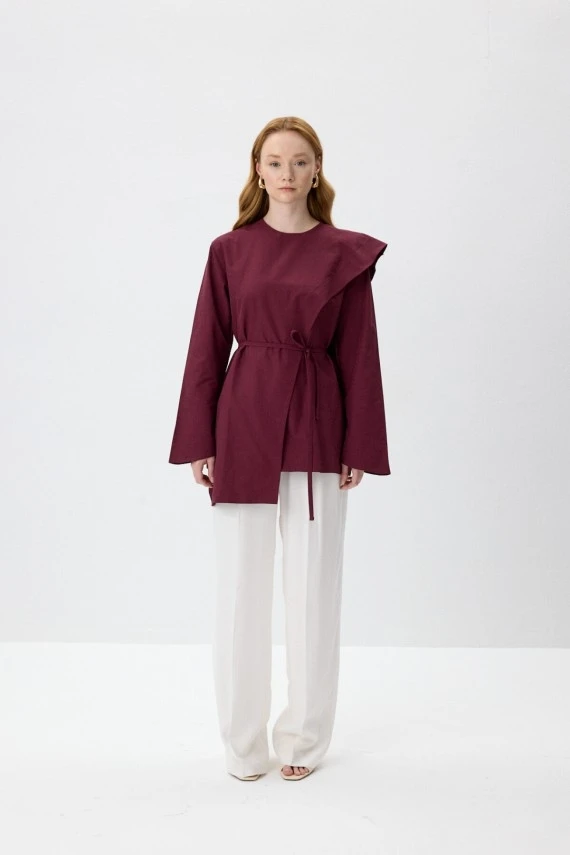 Burgundy Scarf Detailed Poplin Blouse - 1
