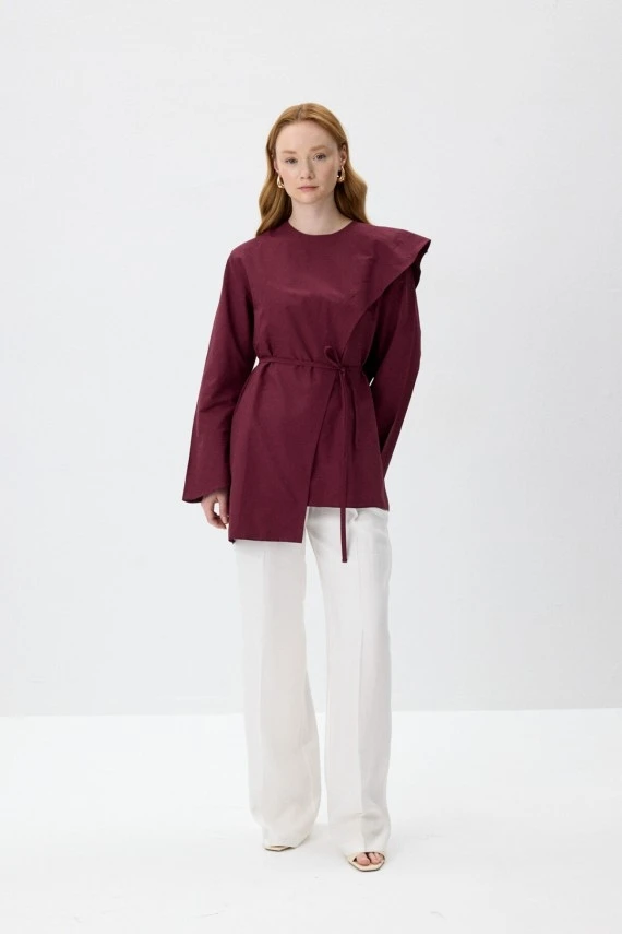 Burgundy Scarf Detailed Poplin Blouse - 2