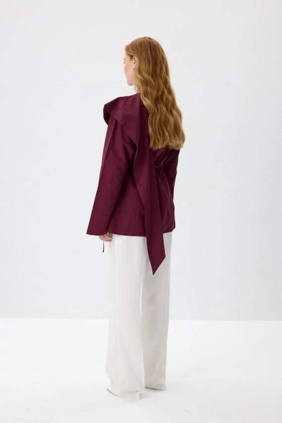 Burgundy Scarf Detailed Poplin Blouse - 8