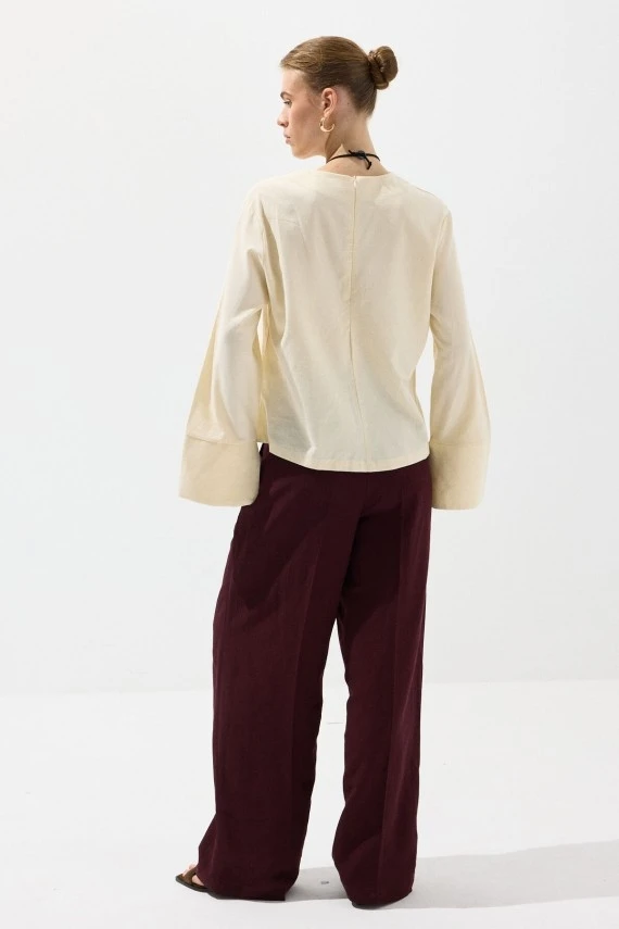 Tereyağ Manşetli Pamuk Crop Bluz - 9