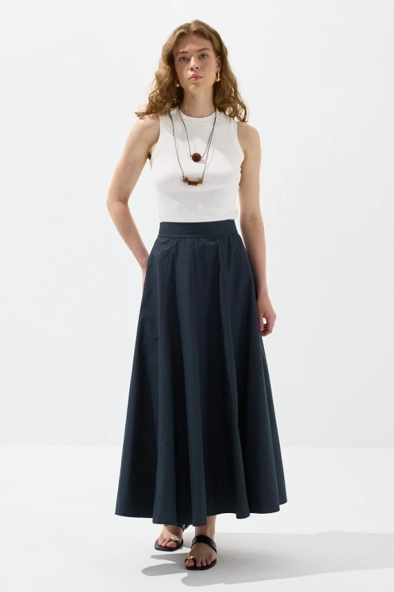 Lacivert Parçalı Poplin Etek - 4