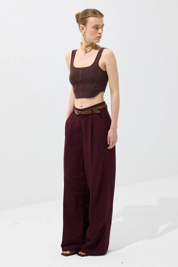 Bordo Kemerli Keten Pantolon - 2