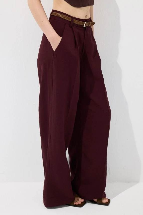 Bordo Kemerli Keten Pantolon - 3