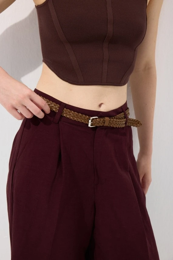 Bordo Kemerli Keten Pantolon - 5