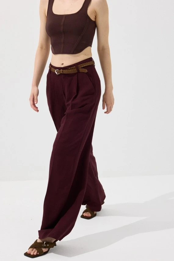 Bordo Kemerli Keten Pantolon - 6