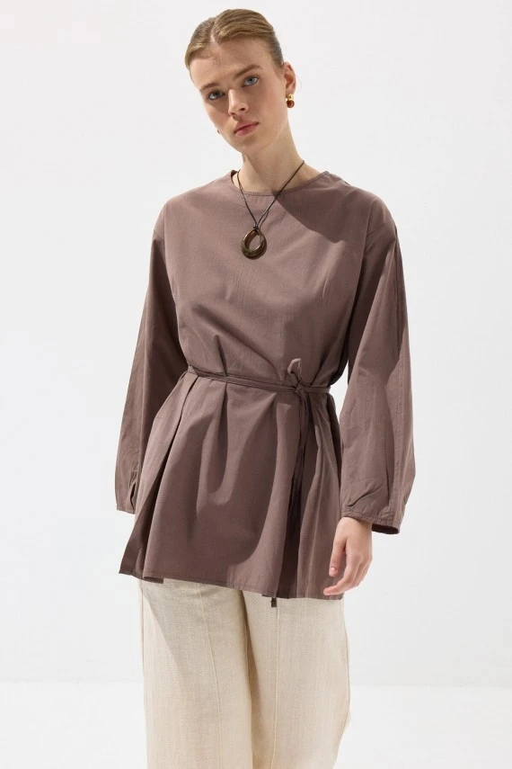Milky Brown Pleated Basic Tunic - 1