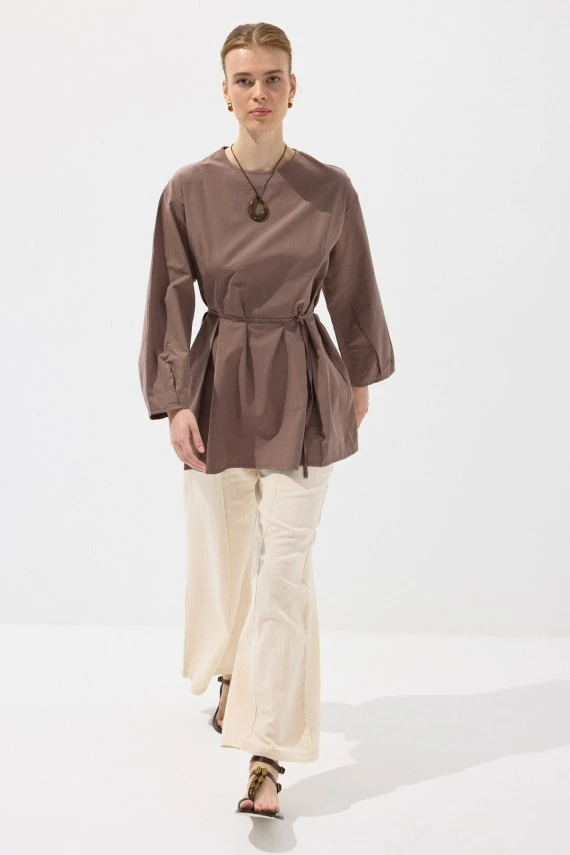 Milky Brown Pleated Basic Tunic - 4