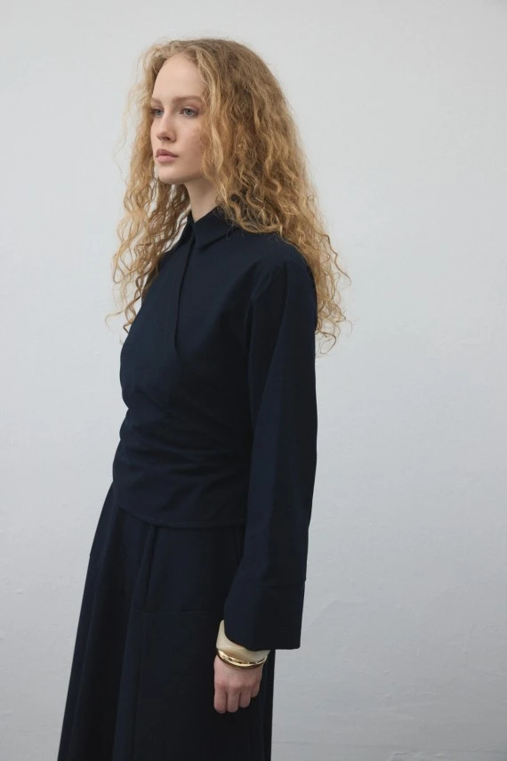 Navy Blue Belted Wrap Shirt - 5