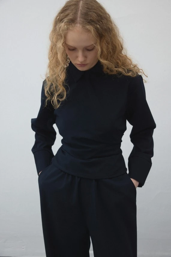 Navy Blue Belted Wrap Shirt - 4