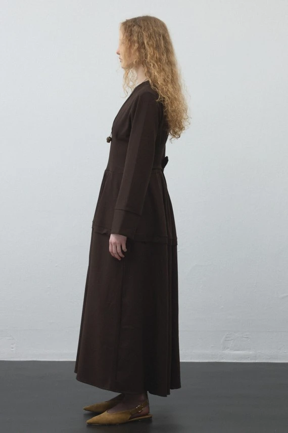 Dark Brown Pleated-Waist Dress - 5