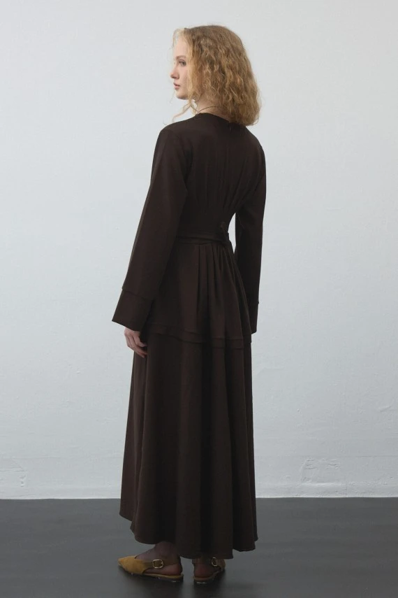 Dark Brown Pleated-Waist Dress - 6