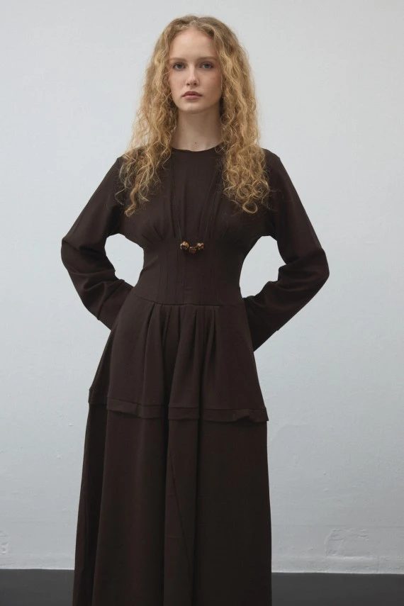 Dark Brown Pleated-Waist Dress - 4