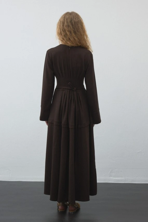 Dark Brown Pleated-Waist Dress - 7