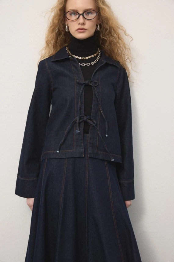 Front Tie-Up Denim Jacket - 1