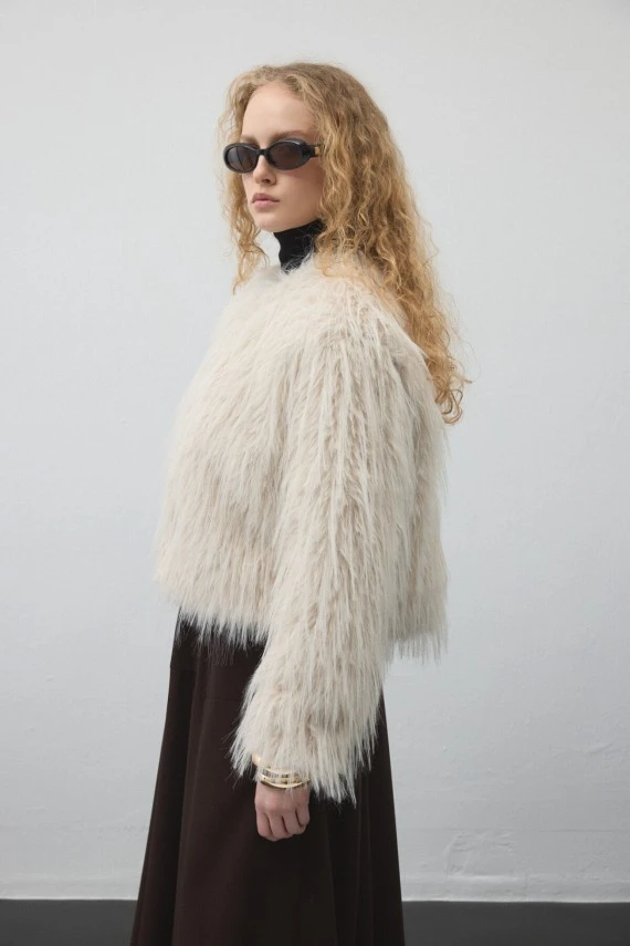 Ecru Faux Fur Coat - 5