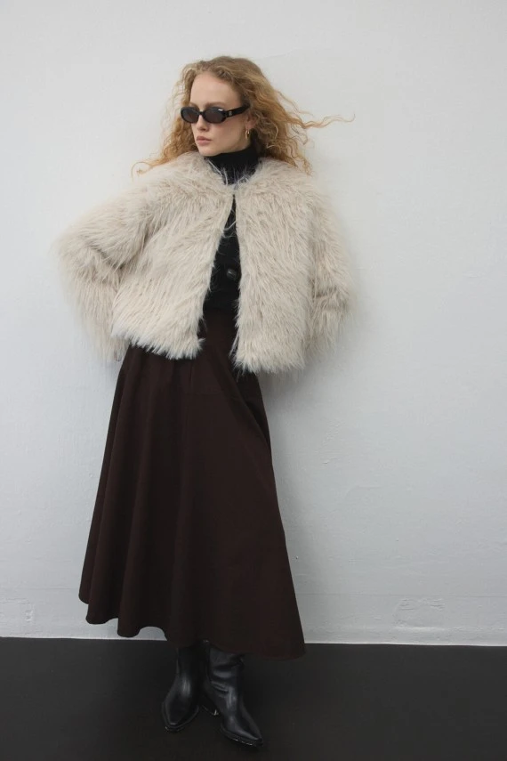 Ecru Faux Fur Coat - 1