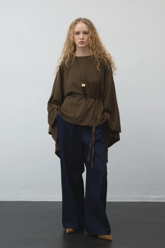 Khaki Belted Cape Blouse - 3
