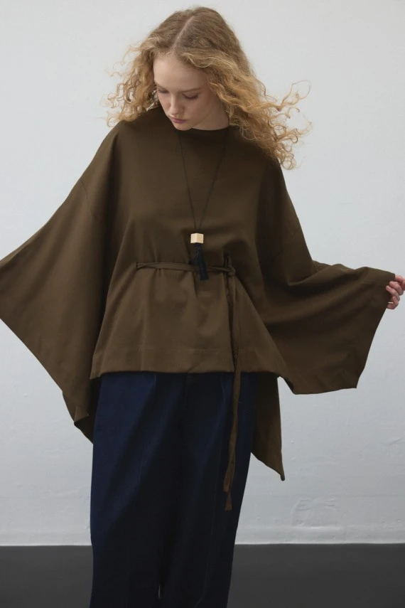 Khaki Belted Cape Blouse - 2