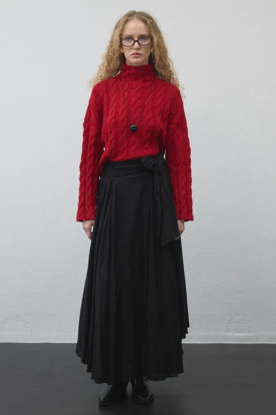 Black Belted Asymmetric Voile Skirt - 2