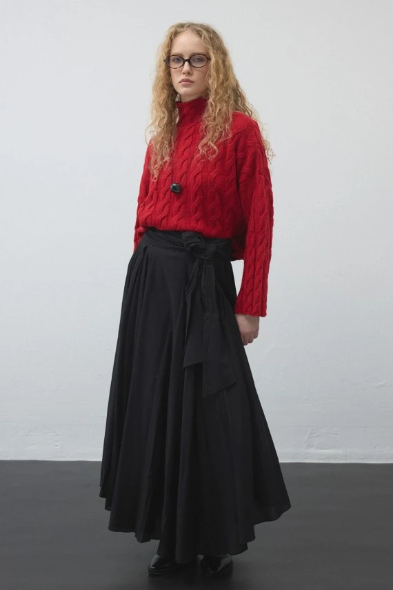 Black Belted Asymmetric Voile Skirt - 1