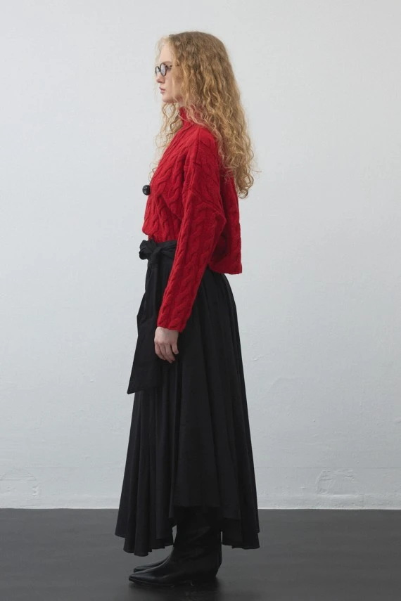 Black Belted Asymmetric Voile Skirt - 4