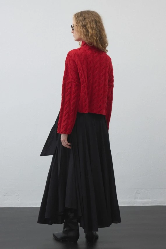 Black Belted Asymmetric Voile Skirt - 5