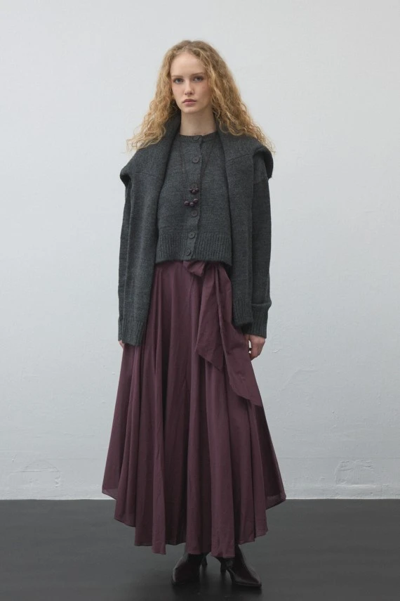 Plum Belted Asymmetric Voile Skirt - 1