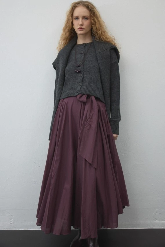 Plum Belted Asymmetric Voile Skirt - 2