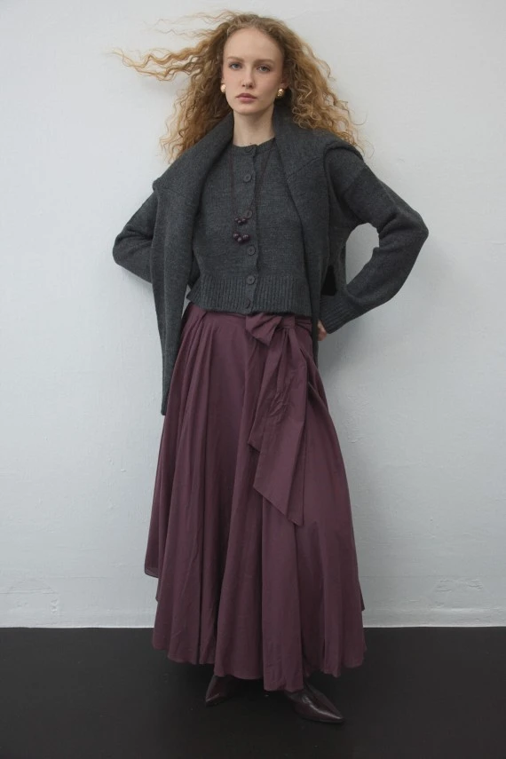 Plum Belted Asymmetric Voile Skirt - 4