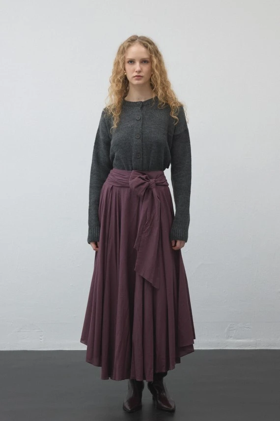 Plum Belted Asymmetric Voile Skirt - 5