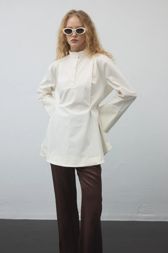 Ekru Volanlı Gabardin Tunik - 5